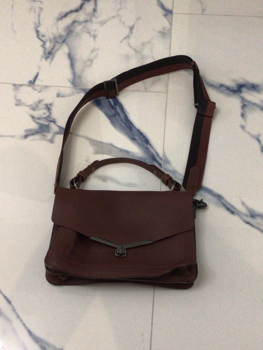 Textured Brown Leather Crossbody with Metal Accent